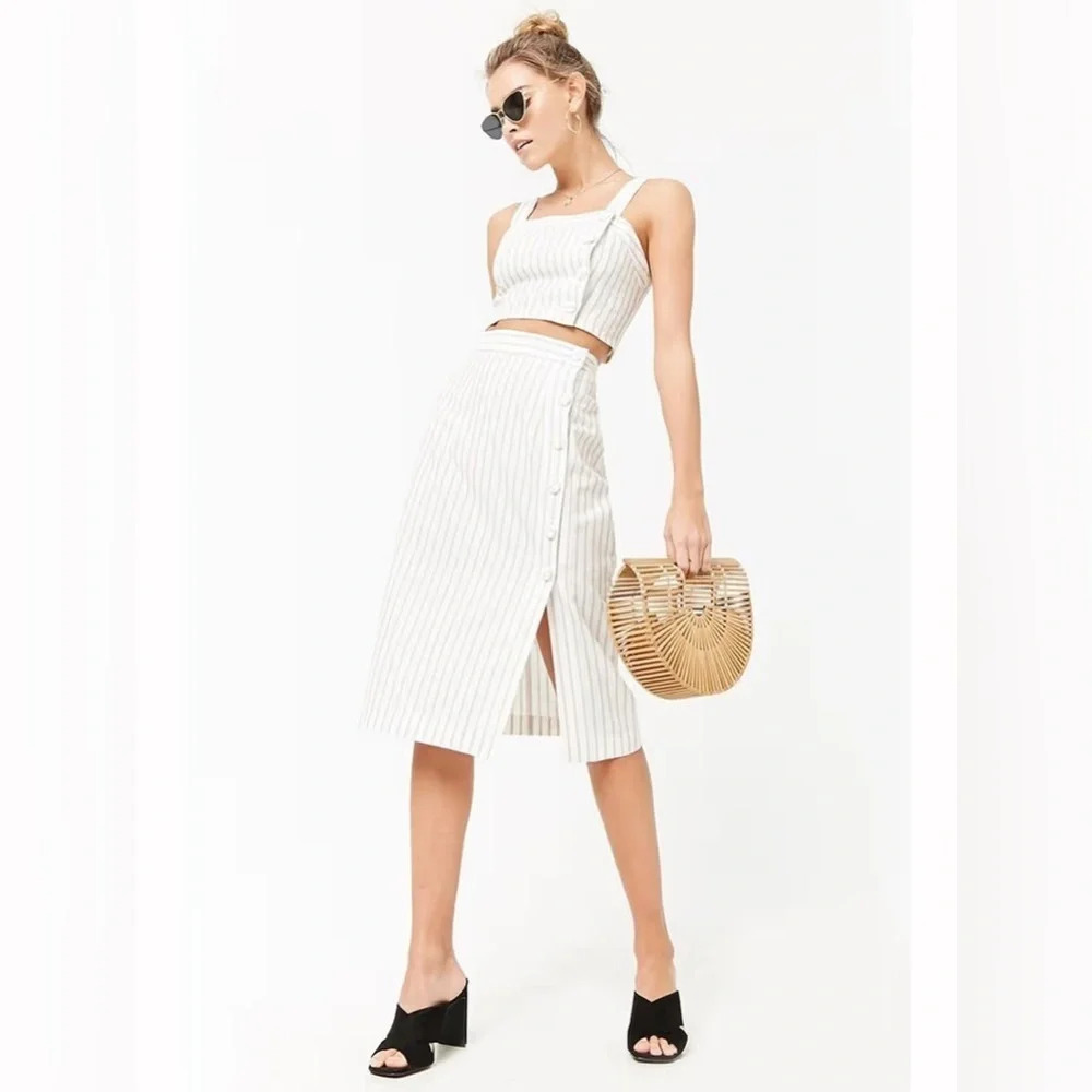 Forever 21 Beige Striped‎ Linen-Blend Skirt Size Small